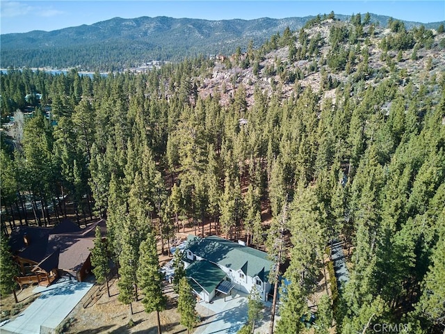 bird's eye view featuring a wooded view and a mountain view