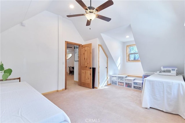 bedroom featuring lofted ceiling, recessed lighting, light colored carpet, ceiling fan, and baseboards