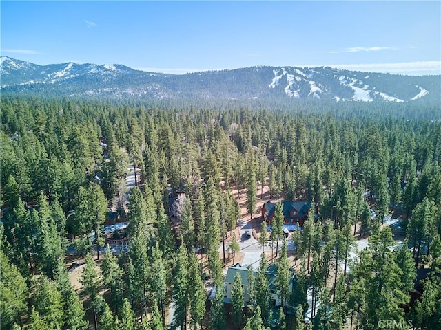 aerial view featuring a mountain view and a view of trees