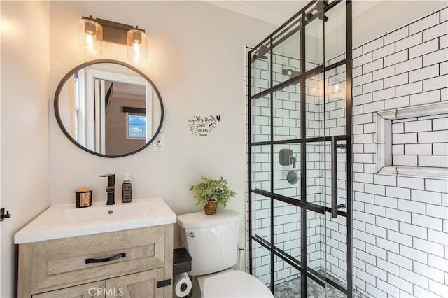 full bath featuring toilet, a walk in shower, and vanity