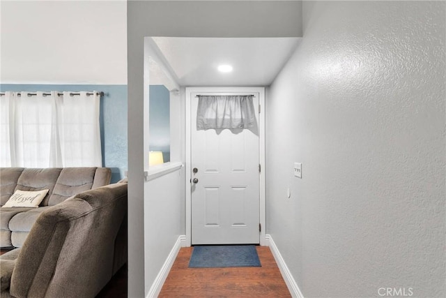 entryway with baseboards and dark wood-type flooring