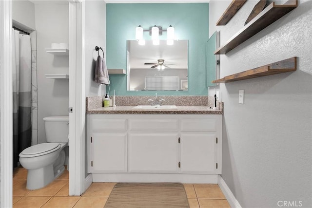 full bath featuring baseboards, a ceiling fan, toilet, tile patterned flooring, and vanity