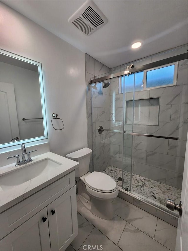 full bath with marble finish floor, visible vents, a shower stall, and toilet