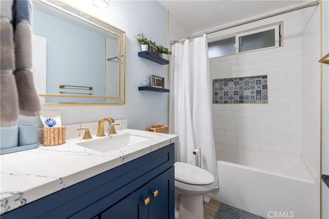 full bathroom with toilet, shower / tub combo with curtain, and vanity