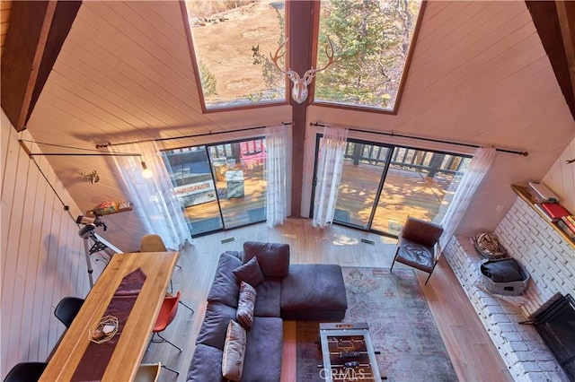 living room featuring a high ceiling, wood walls, and wood finished floors