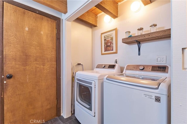 laundry area featuring laundry area, dark tile patterned floors, and washer and dryer