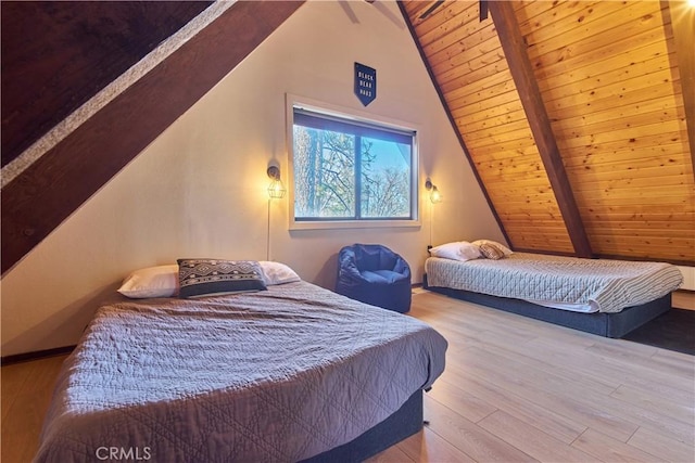 bedroom with lofted ceiling with beams, wooden ceiling, and wood finished floors