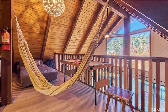 interior space with lofted ceiling with beams, wood finished floors, and wood ceiling