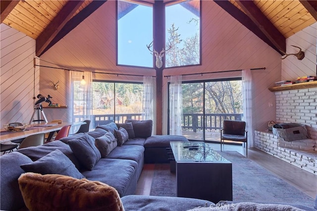 living room featuring wood walls, wood ceiling, high vaulted ceiling, and beamed ceiling