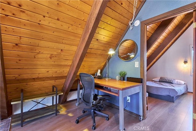 office space featuring wood ceiling, lofted ceiling with beams, and wood finished floors