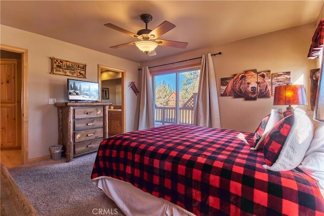 carpeted bedroom featuring a ceiling fan, access to exterior, and baseboards