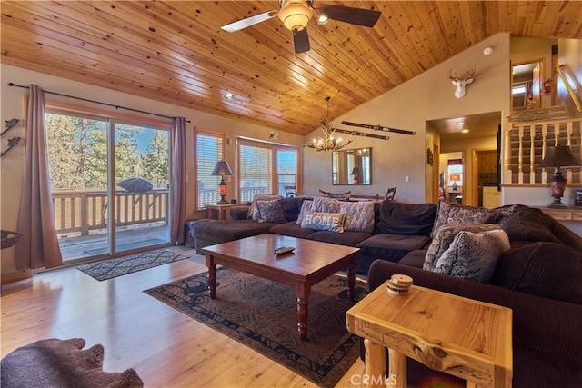 living area featuring high vaulted ceiling, ceiling fan with notable chandelier, wood ceiling, and wood finished floors