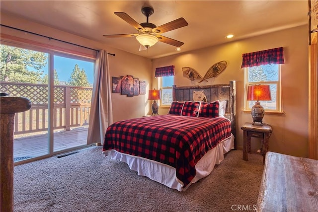 carpeted bedroom featuring access to exterior, recessed lighting, visible vents, and a ceiling fan