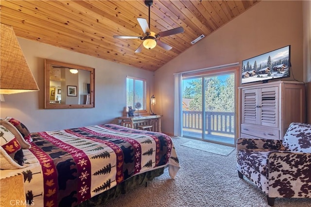 bedroom featuring wooden ceiling, carpet floors, visible vents, access to exterior, and vaulted ceiling