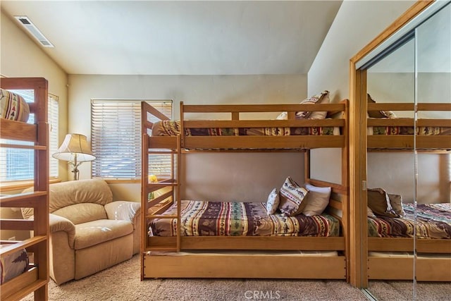 bedroom featuring carpet and lofted ceiling