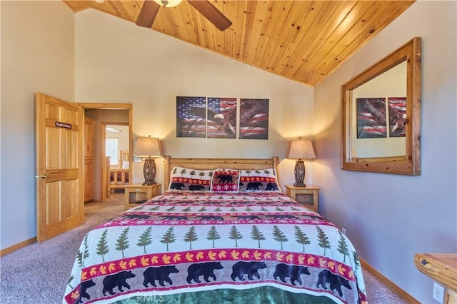 bedroom featuring vaulted ceiling, carpet floors, wooden ceiling, and baseboards