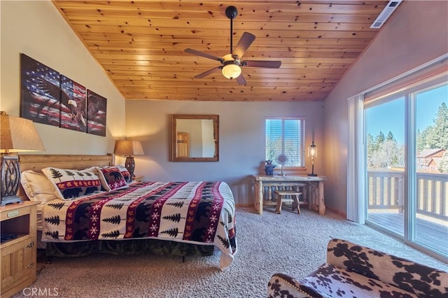 carpeted bedroom with baseboards, wood ceiling, ceiling fan, access to outside, and vaulted ceiling