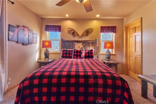 bedroom featuring a ceiling fan, baseboards, carpet flooring, and recessed lighting