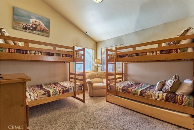 bedroom featuring carpet floors and lofted ceiling