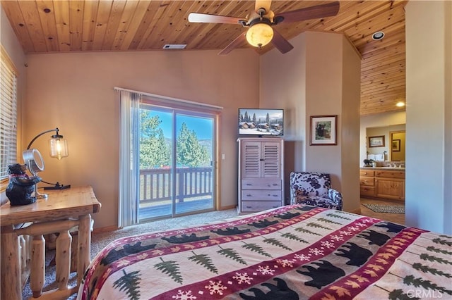 carpeted bedroom with wooden ceiling, access to outside, vaulted ceiling, and connected bathroom