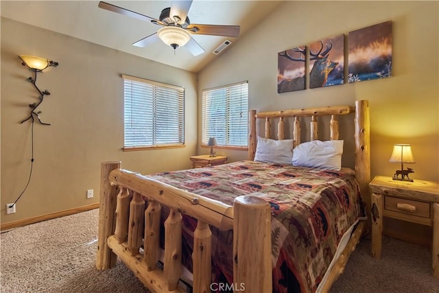 carpeted bedroom featuring lofted ceiling, baseboards, visible vents, and a ceiling fan