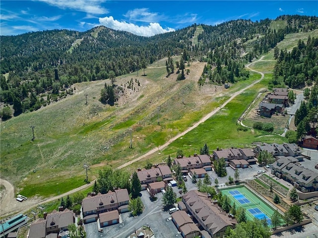 bird's eye view featuring a residential view, a mountain view, and a view of trees