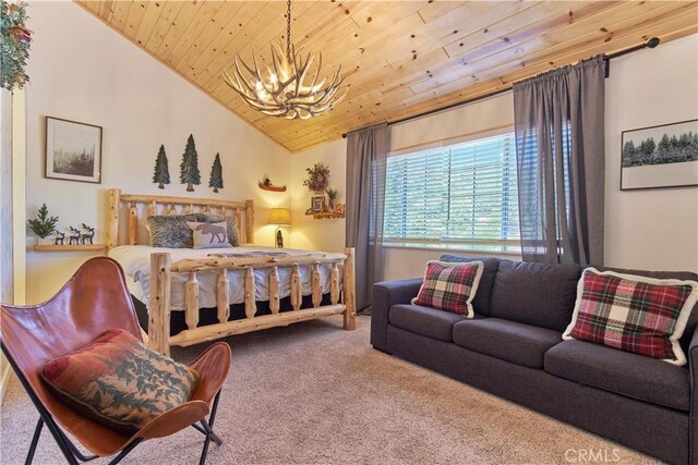 bedroom with a chandelier, vaulted ceiling, carpet, and wood ceiling