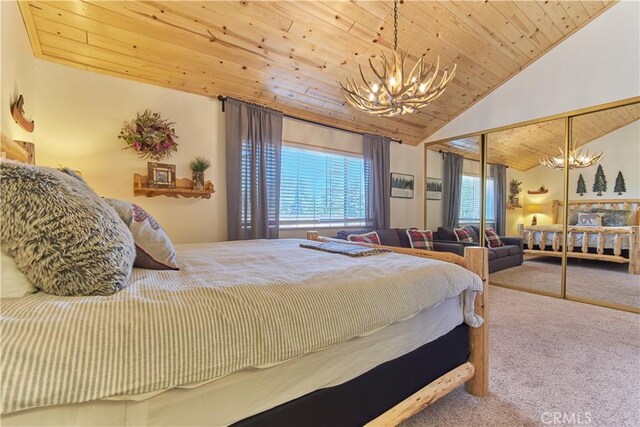 carpeted bedroom with a chandelier, vaulted ceiling, and wooden ceiling