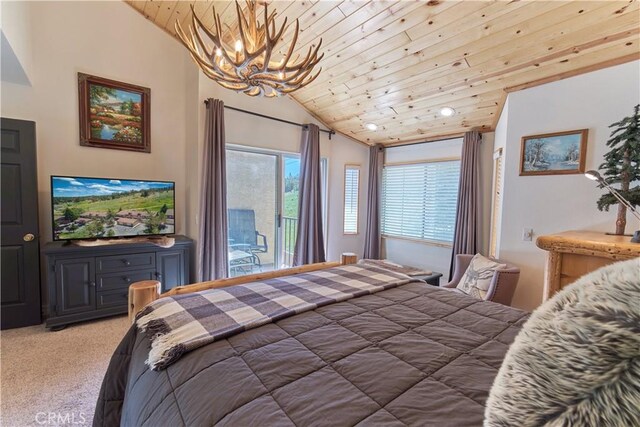 bedroom featuring wooden ceiling, access to outside, vaulted ceiling, carpet floors, and a notable chandelier