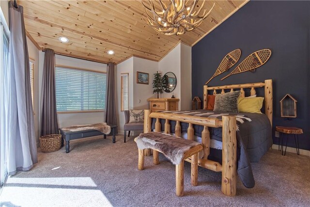 carpeted bedroom with lofted ceiling, wooden ceiling, baseboards, and a notable chandelier