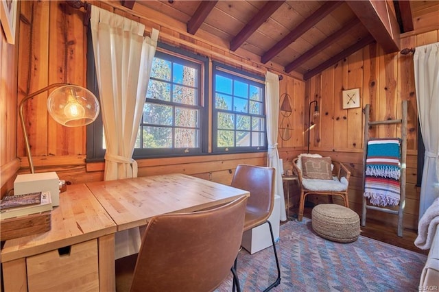 dining area with vaulted ceiling with beams, wood ceiling, and wooden walls