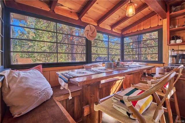 interior space with lofted ceiling with beams, wood finished floors, wood ceiling, and wooden walls