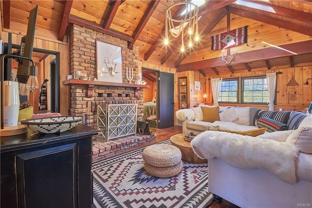 living area with wooden ceiling, wooden walls, lofted ceiling with beams, and wood finished floors