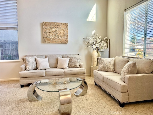 living area with baseboards and carpet floors