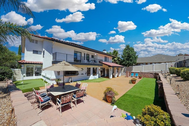 23767 Moonglow Ct, Ramona, CA 92065 - rear view of property featuring a patio area, a fenced backyard, a balcony, and a tiled roof