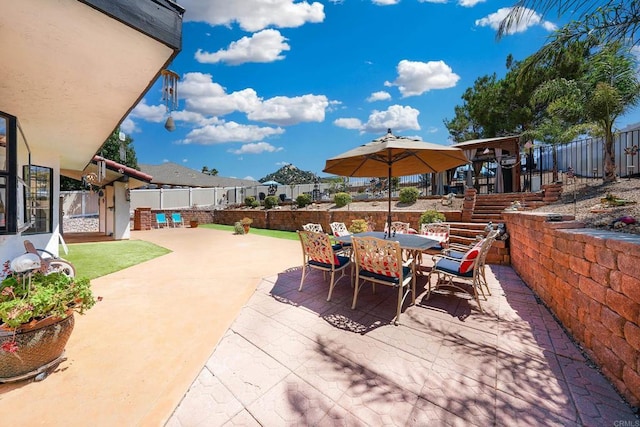23767 Moonglow Ct, Ramona, CA 92065 - view of patio featuring a fenced backyard, outdoor dining space, and stairs