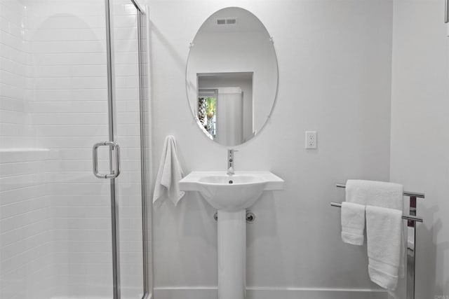 bathroom featuring visible vents and a shower stall