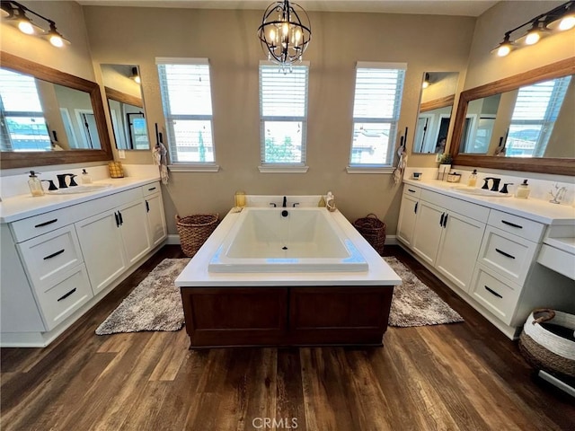 bathroom with a sink, wood finished floors, and a wealth of natural light