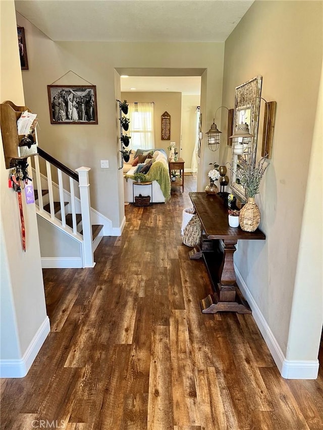 32526 Presidio Hills Ln, Winchester, CA 92596 - corridor featuring wood finished floors, baseboards, and stairway