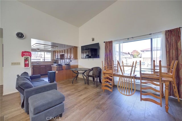 living room with light wood-style flooring and high vaulted ceiling