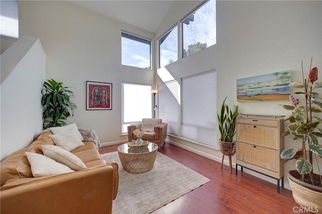 living room featuring wood finished floors, a towering ceiling, and baseboards