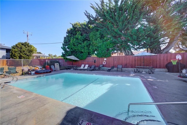 community pool featuring a patio and a fenced backyard