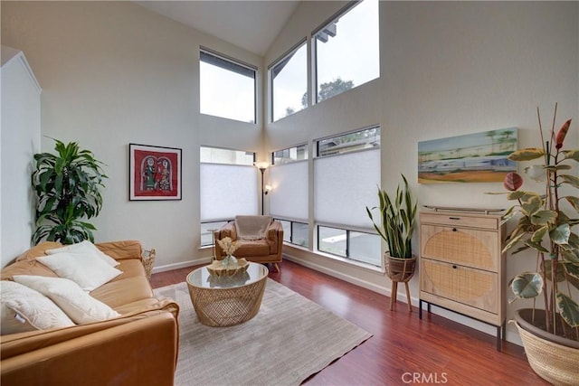 living area featuring high vaulted ceiling, wood finished floors, and baseboards