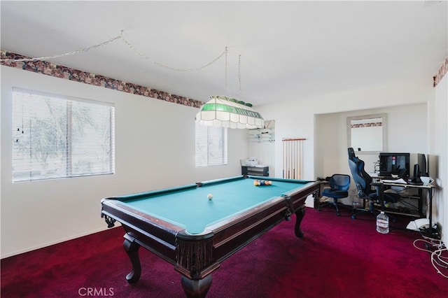 playroom with carpet floors, billiards, and baseboards