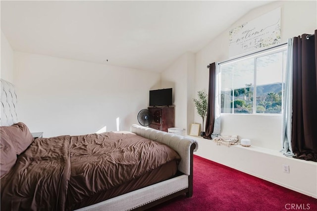 bedroom featuring carpet and vaulted ceiling