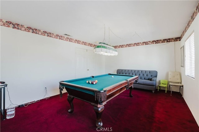 recreation room with carpet floors and billiards