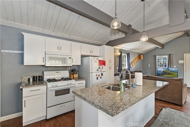 kitchen with vaulted ceiling with beams, open floor plan, white cabinetry, a sink, and white appliances