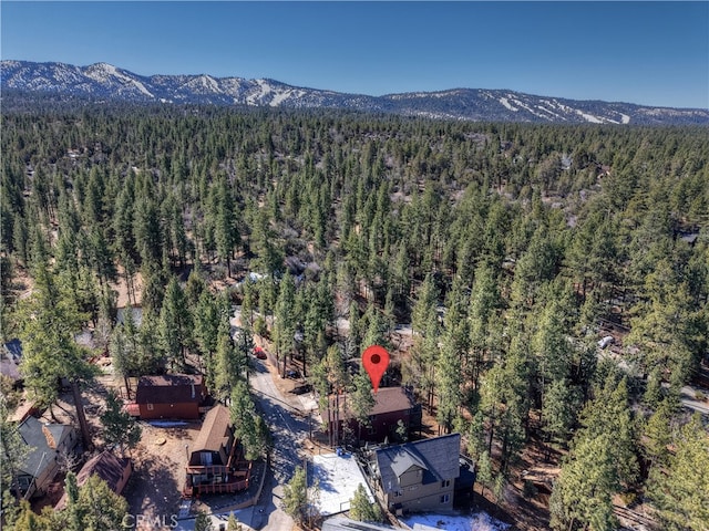 drone / aerial view with a mountain view and a wooded view