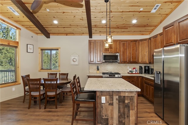 kitchen with lofted ceiling with beams, wooden ceiling, stainless steel appliances, dark wood-style flooring, and backsplash