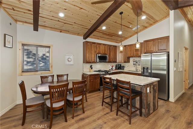 kitchen with wooden ceiling, wood finished floors, a sink, appliances with stainless steel finishes, and backsplash